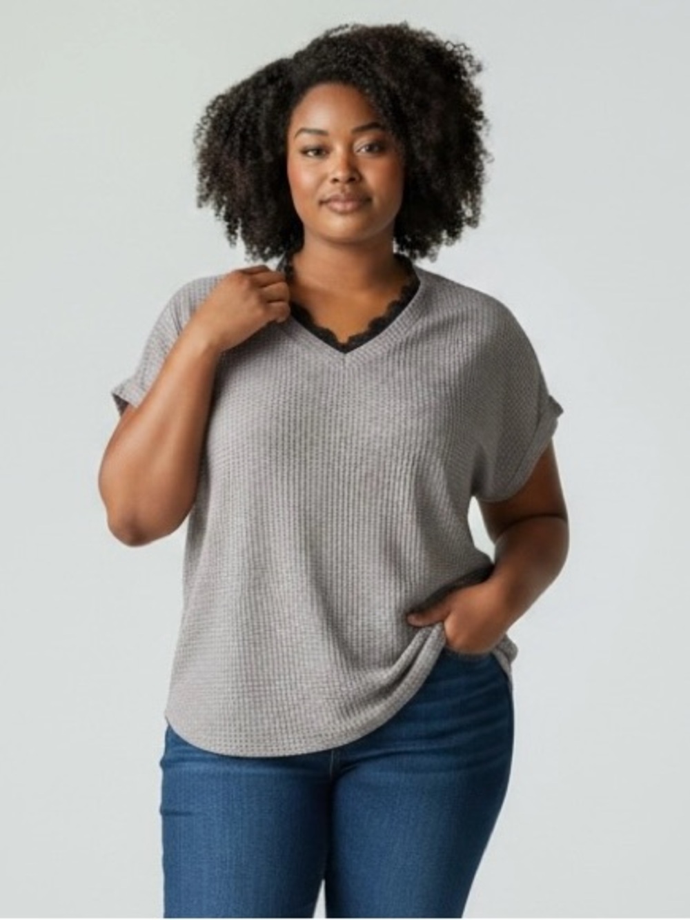iGenjun Brown Waffle Knit Dolman Sleeve Lace V-Neck Top - Size Women’s M